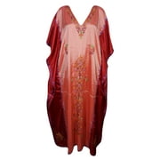 Mogul Womens Kimono Silk Kaftan Double Shaded Floral Embroidered Kashmiri Caftan Dresses Peach Red Maxi Kaftan Dress