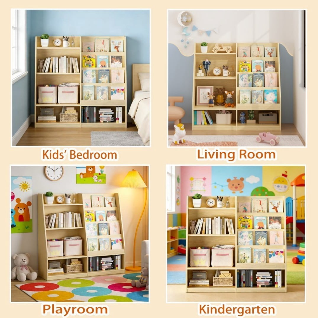 4-Tier Kids Bookshelf and Toy Storage Organizer, Wooden Children's Bookcase with 2 Shelves & Toy Bin, Book Display Stand for Kids Room, Playroom & Nursery, White