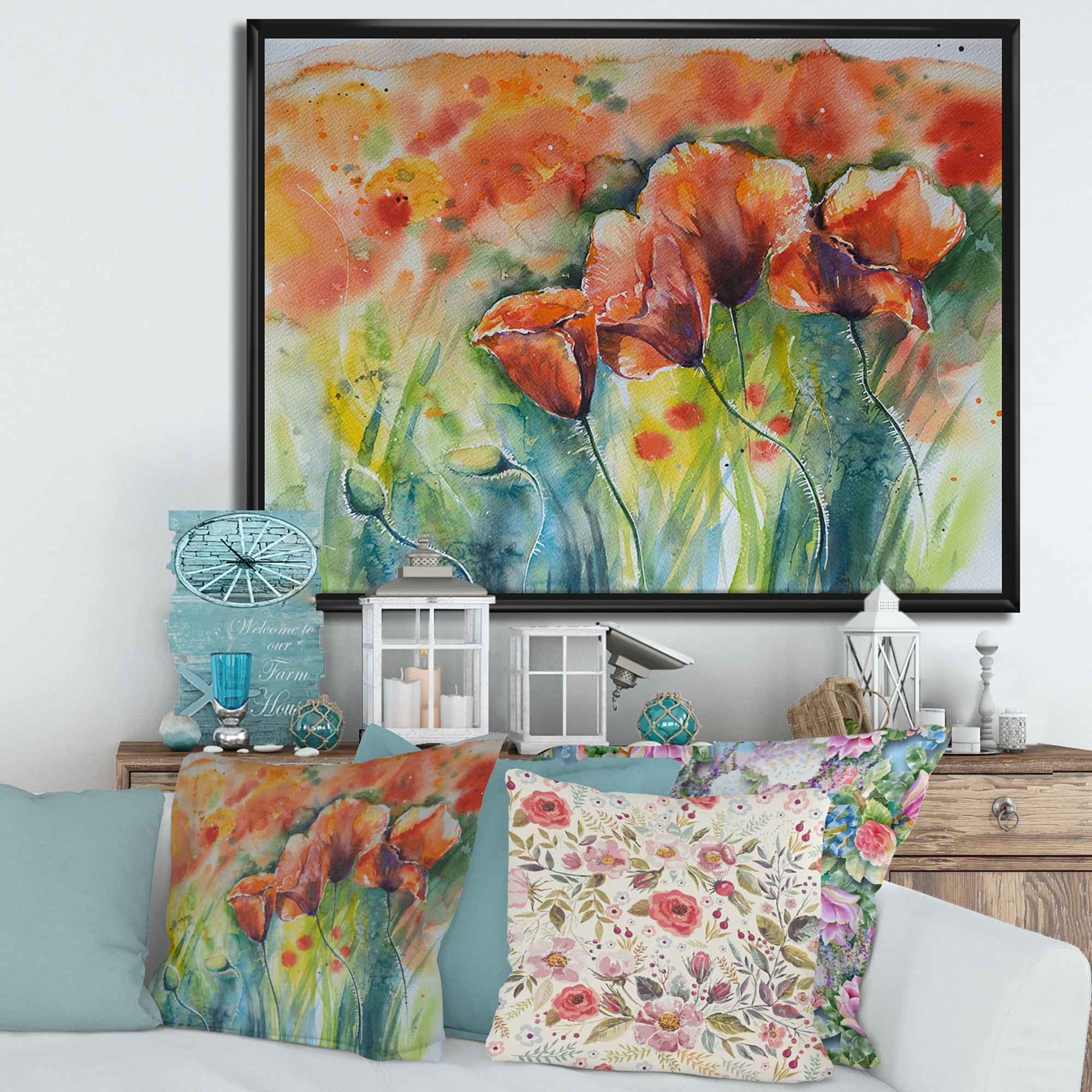 Designart 'Red Blossoming Poppies Over Wild Green IV' Traditional Framed Canvas Wall Art Print
