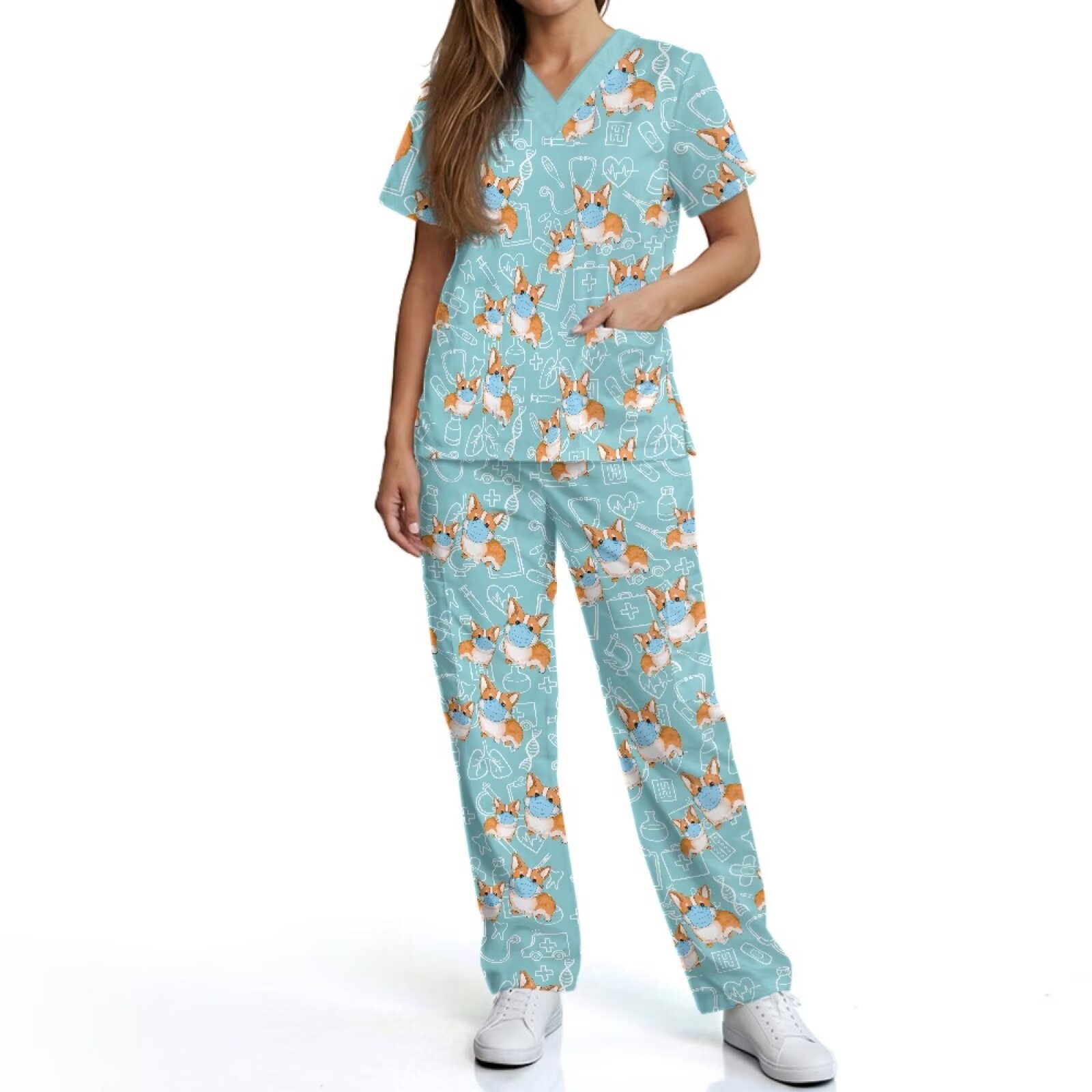Kuiaobaty Corgi Print Womens Scrubs for Women Set Stretch Nursing Uniforms 6 Pockets Medical Scrubs for Vet Tech, Blue