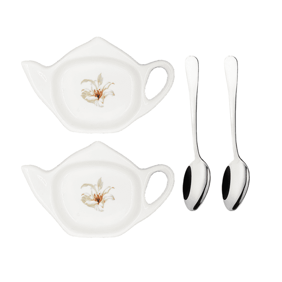 Ceramic Tea Bag Holder Set of 2, Tea Bag Coasters, Teapot shaped Teabag Plates with Spoon, 4.5X 2.9 Inches