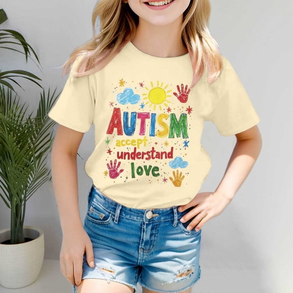 Girls' Tops Autism Awareness Day Short Sleeve Ribbed Tee Girls Clothes Beige 3-4 Years