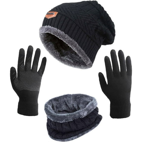 Winter Hat Scarf Gloves Slouchy Beanie Snow Knit Skull Cap Touch Screen Mittens Circle Scarves for Women Black