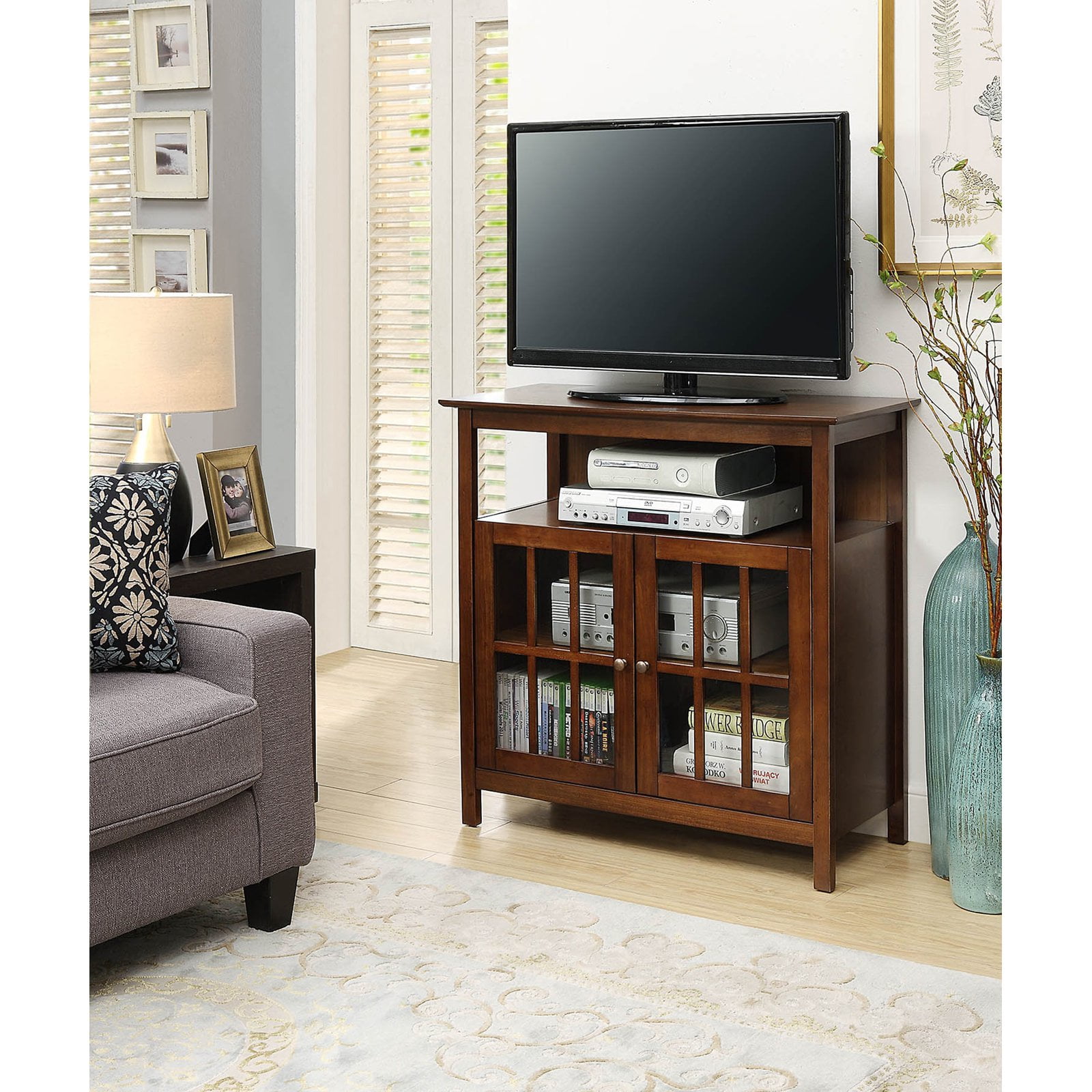 Convenience Concepts Big Sur Highboy TV Stand with Storage Cabinets for TVs up to 40 Inches Dark Walnut