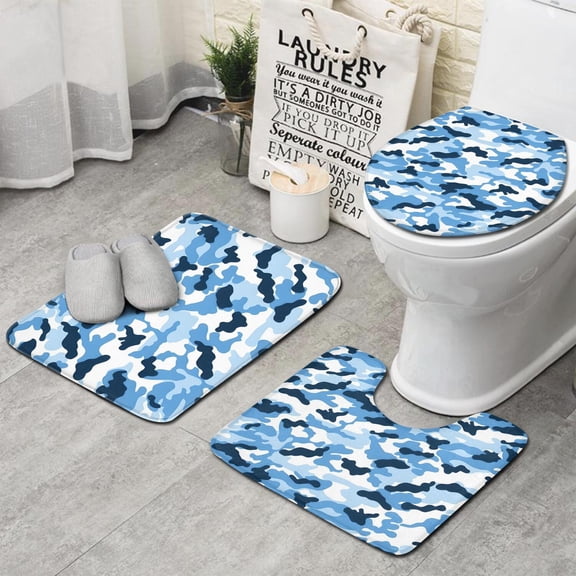 Blue Navy Camo Classic Shapes Pattern Bathroom Rugs Sets 3 Piece,Toilet Cover Set,Absorbent Non Slip Bathroom Mats Sets with U-Shaped Contour Rug Toilet Rug Set