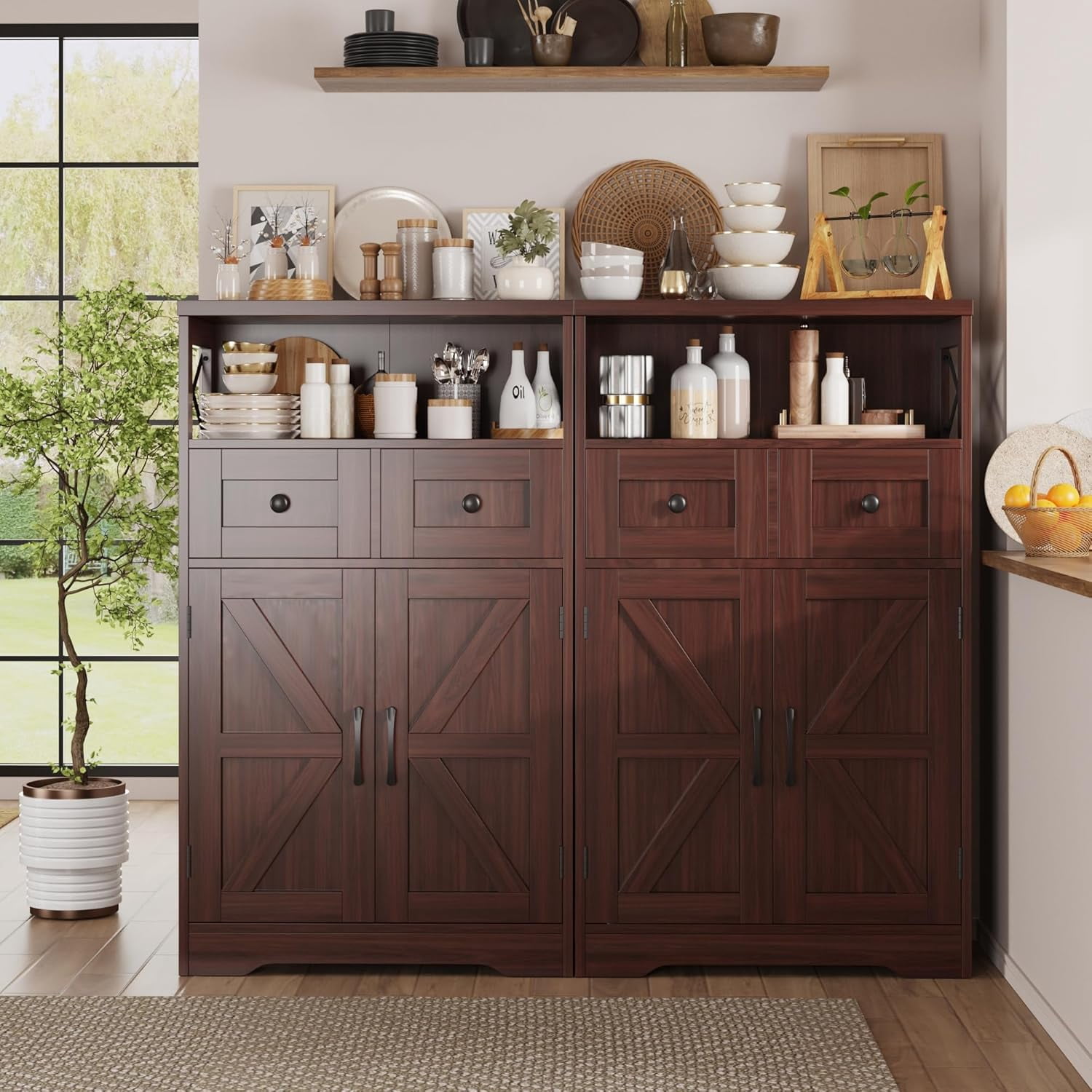 Dark Brown Storage Cabinet with Drawers and Shelves, Standing Kitchen Pantry Cabinet, Floor Storage Cabinet Hutch Cupboard, Coffee Bar Station for Dining Living Room Home Office