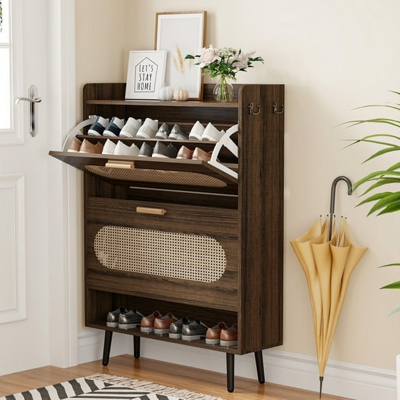 Bel Ark Rattan Shoe Cabinet with 2 Flip Drawers - Narrow Freestanding Hidden Organizer for Entryway, Hallway, Living Room,Walnut