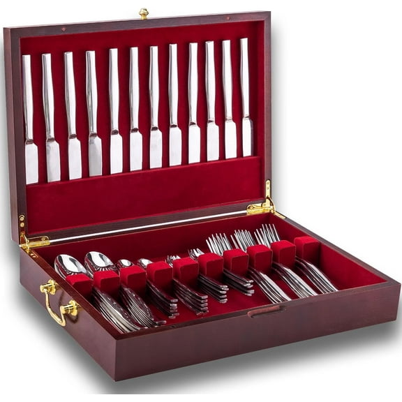 Wooden Silverware Chest with Handle, Felt-Lined Flatware Storage Case for 12 Sets of Utensils, Silverware Box Organizer without Silver