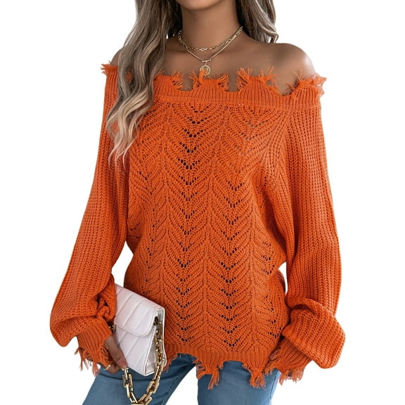 Women'S Solid Color Openwork Long-Sleeved Sweater, Off-Shoulder Knit Pullover Orange XL