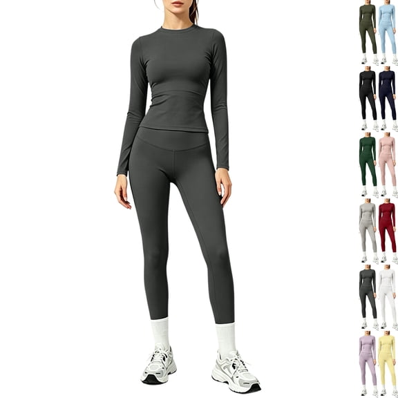 Women's 2 Piece Yoga Sets Quick-Dry Gym Workout Tracksuit High Waist Running Leggings & Long Sleeve Top Outfits Light Gray XL