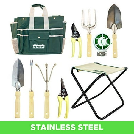 GardenHOME 10 Piece Garden Tool Set with Folding Stool and Heavy Duty Steel Tools included 2 pruning shears and a 20-meter plant twist tie are