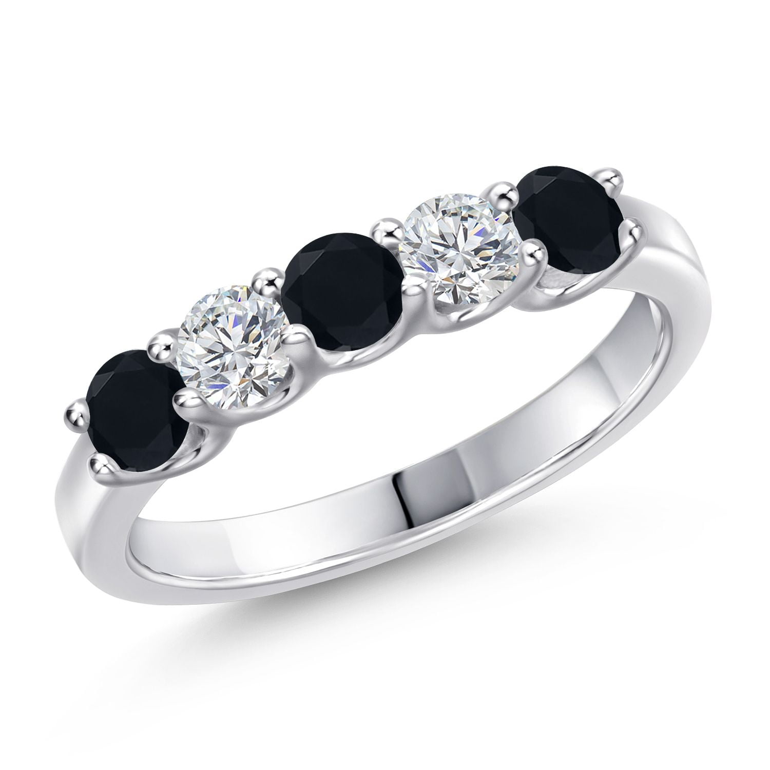 Gem Stone King 925 Sterling Silver Black Onyx and Lab Grown Diamond 5-Stone Alternate Wedding-Bands Ring for Women | 0.73 Cttw | Round 3.5MM | Gemstone Birthstone (Size 7)