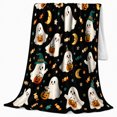 thumbnail image 2 of Cheerful Halloween Ghosts Holding Candy Pumpkins Black Background, Festive Halloween Scene, Warm Flannel Blanket for Living Room and Reading Nook, Art Lovers Halloween Gift, Festive Home Decor, 2 of 9