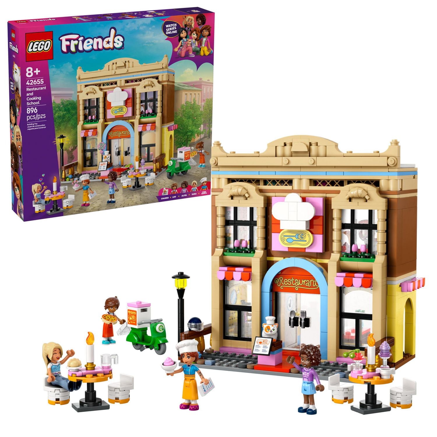 LEGO Friends Restaurant and Cooking School Toy Building Set - Restaurant Pretend Play Set for Kids, Girls and Boys, Ages 8+ - with 4 Minidolls, Cat Figure, and Scooter - Birthday Gift Idea - 42655