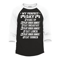 Shop4Ever Men's My Perfect Day Video Games Gamer Raglan Baseball Shirt Medium Black/White