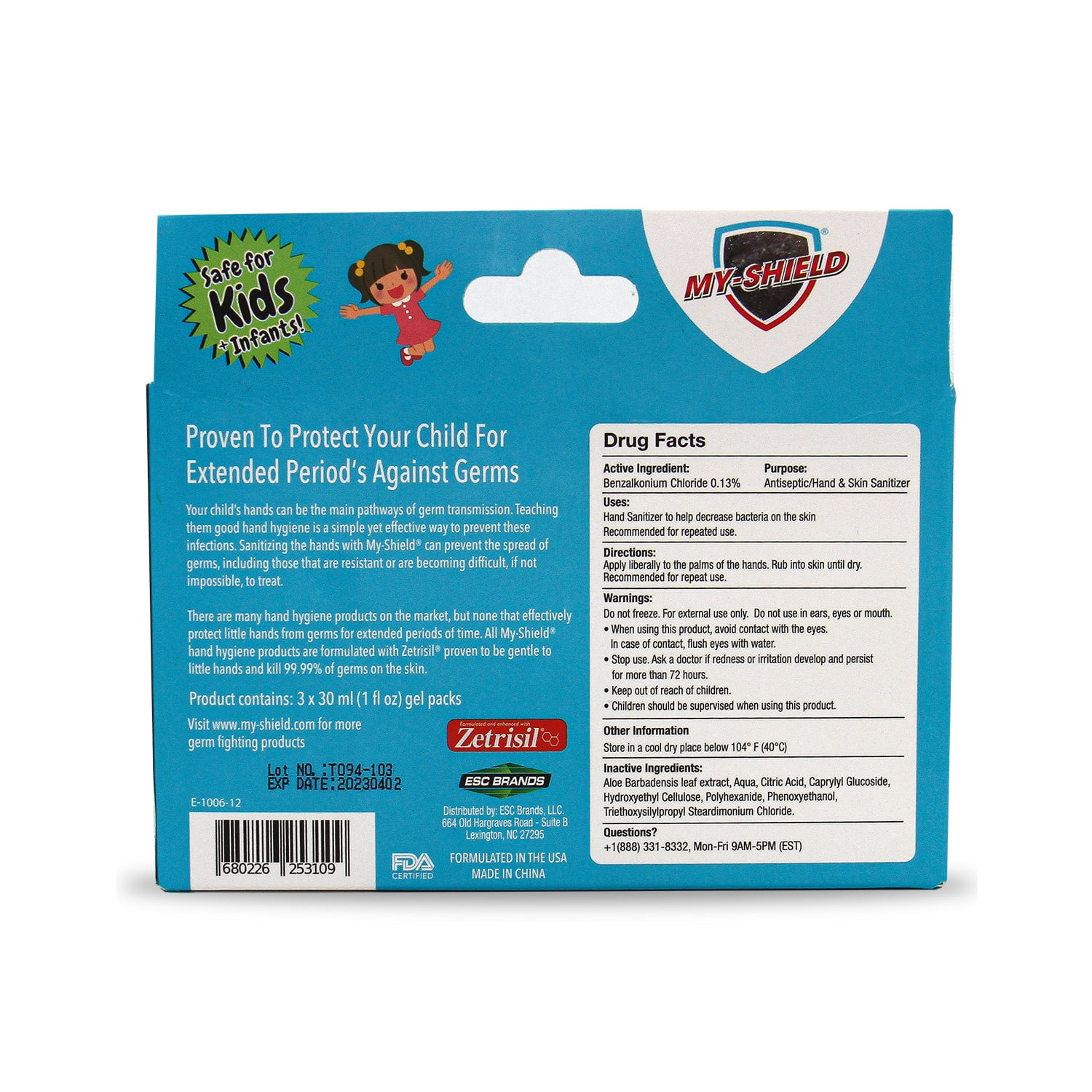 My-shield Hand Sanitizer Gel Packs for Kids With Silicone Holder, 6 X (3-pack of 1 oz bottles) Alcohol-Free, Lasting Protection. Kills 99.9% of Germs. With Aloe Vera. Formulated w/Zetrisil