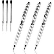 Silver Ballpoint Pens Black Ink, Cambond Stainless Steel Uniform Pens for Gift Business Men Flight Attendant, 1.0 mm Medium Point Nice Pens, 3 Pens with 3 Refills, Silver - CP0201