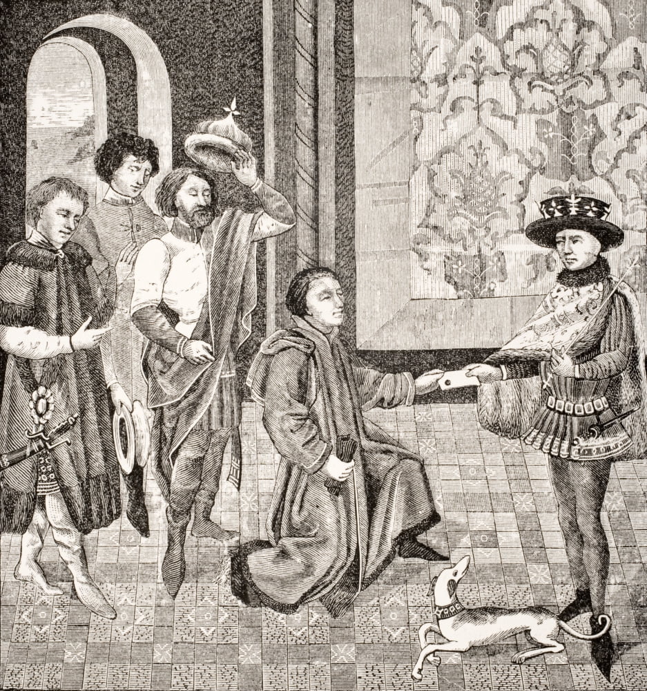 Charles Eldest Son Of King Pepin Receives The New Of The Death Of His Father And The Great Feudalists Offer Him The Crown Costumes Worn Are Of The 15Th Century Court Of Burgundy Facsimile Of Miniature