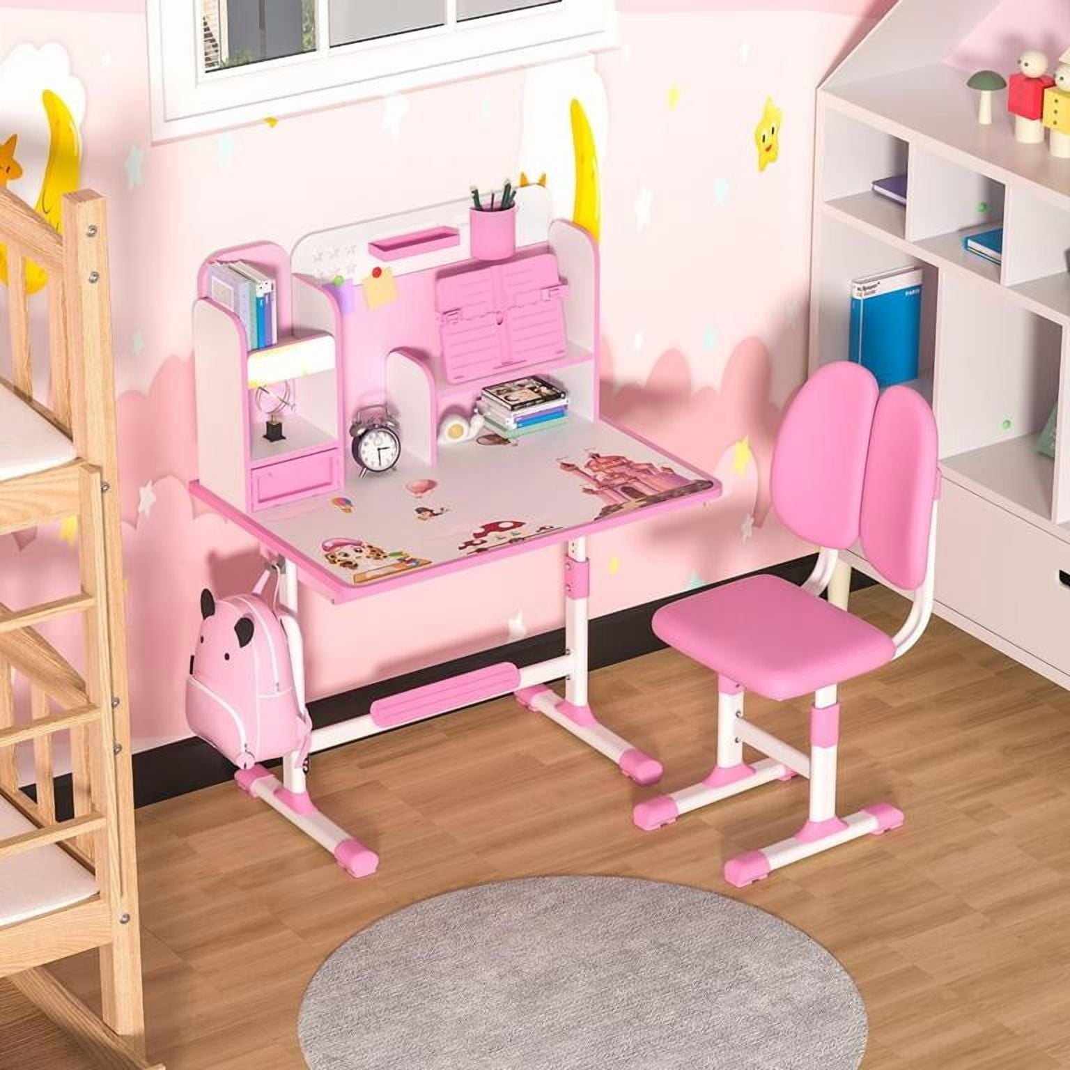 YNCE Kids Study Table and Chair Set, Height Adjustable Kids Study Desk with Cartoon Pattern, Widened Tabletop, Tiltable Reading Stand, Spine Protect & Prevent Myopia, for Boys & Girls 3+ (Pink #1)