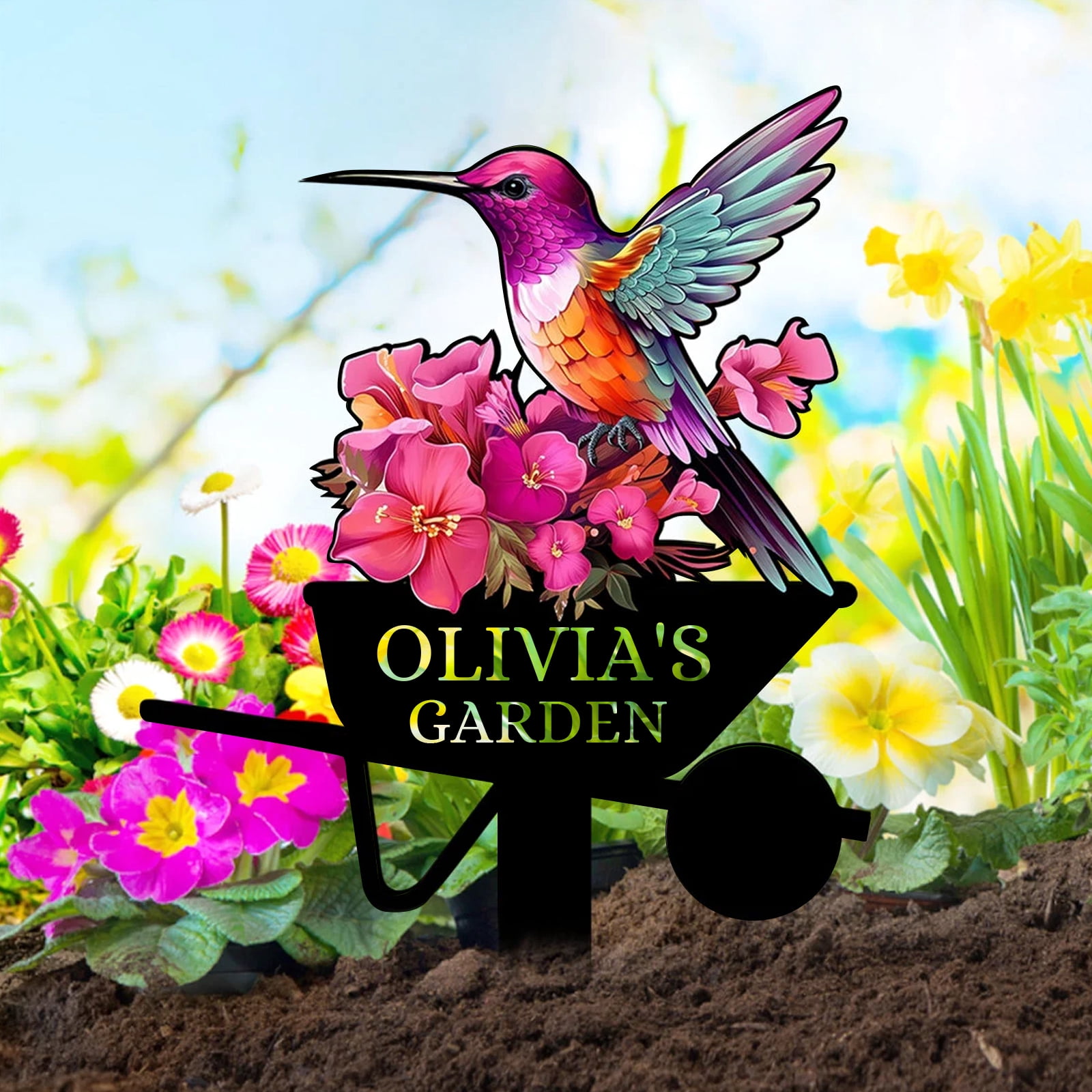 Personalized Garden Sign, Colorful Bird Metal Signs Customized, Personalized Garden Stake Metal Sign, Custom Flowers Bird Garden Name Sign Yard Sign, Garden Art Outdoor Decor for Patio(10inches)