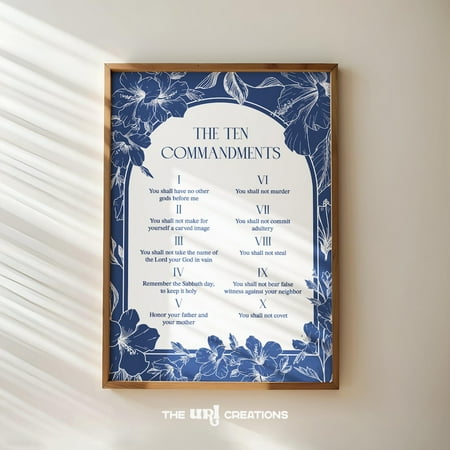 Ten Commandments Christian Wall Art Navy Blue Bible Verse Poster Floral Wall Trendy Scripture Print Botanical Home Decor Wall Art Modern Wall Decor 8x12 UNFRAMED