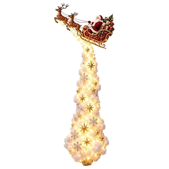 Festive Lighted Christmas Wall Decoration with a Santa Sleigh Pulled by Two Reindeer, Cascading LED Hanging Pendant for Indoor Wall, Doorway and Fireplace Corner Decor (Red Gold)