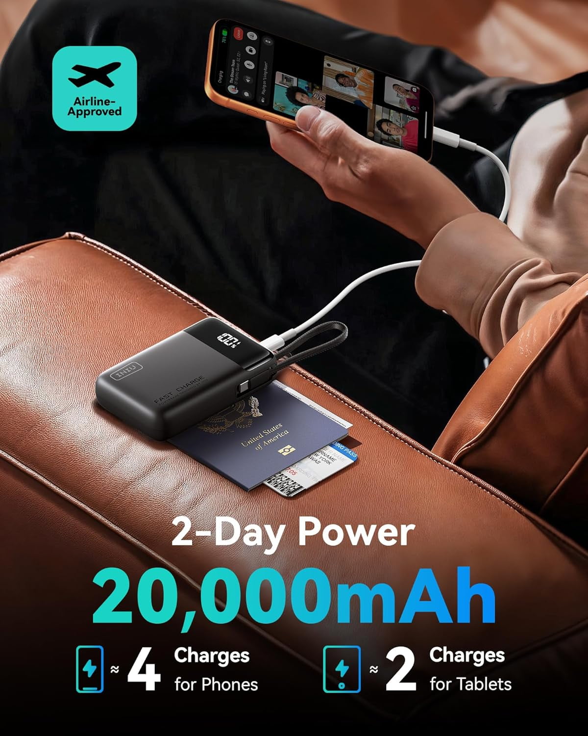 20000mAh Power Bank, Sm Portable Charger, 45W PD Fast Charging Battery Pack with Build in USB-C Cable, Travel Phone Charger for iPhone 17 16 15 14 13 Air S25 S24 Google iPad Xiaomi etc