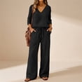 thumbnail image 5 of Lekode Womens Linen Set Fashion Outfits Loose Lounge Sets Wide Leg Pants Gauze Capri Set Linen Loungewear Sets Roll-up Sleeve Top Linen Pants Set Casual Loungewear Vintage Style Boho Black L, 5 of 7