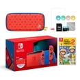 thumbnail image 1 of 2021 New Nintendo Switch Mario Red & Blue Limited Edition with Mario Iconography Carrying Case and Screen Protector Bundle With Super Mario Maker 2 And Mytrix Accessories, 1 of 9