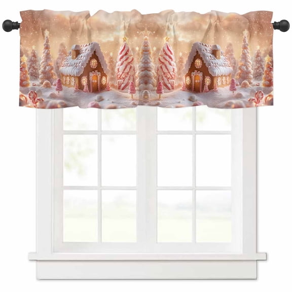 Candy Gingerbread Cottage Valances for Windows, Christmas Xmas Tree Light Filtering Window Treatment Valances, Rod Pocket Small Curtains for Kitchen/Bathroom, 42"x12"
