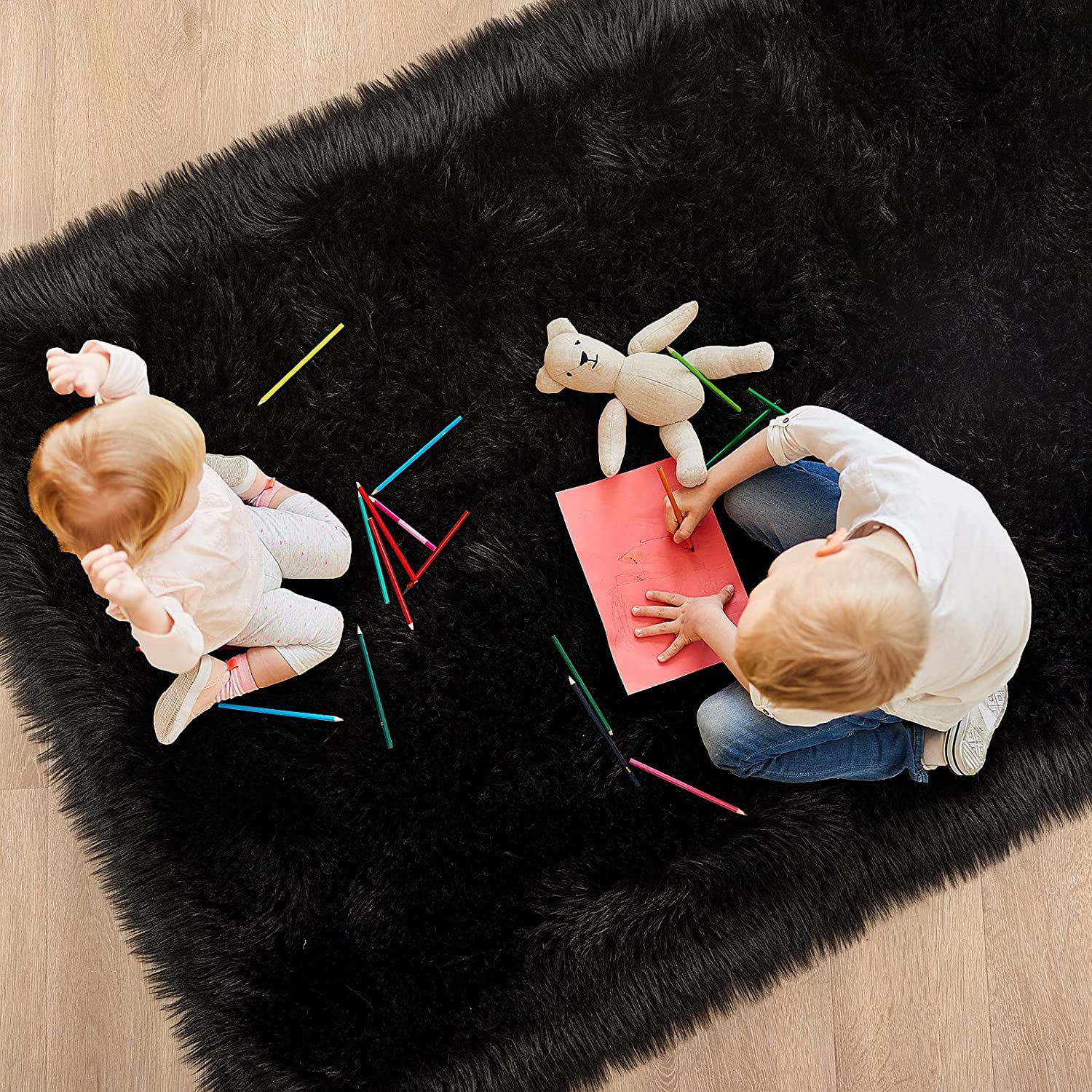 Junovo Luxury Fluffy Area Rugs Areary Rug for Bedroom Shaggy Rugs Area Carpet for Living Room Bedroom,4'x6',Black