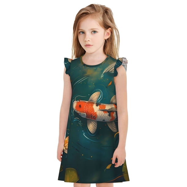 Fotbe Koi Pond Lilies Vestido de Dormir para Niñas de 3 a 10 Años, Mangas Cortas, Estilo Princesa, Pijama Camisón con Mangas Voladas-XX-Large