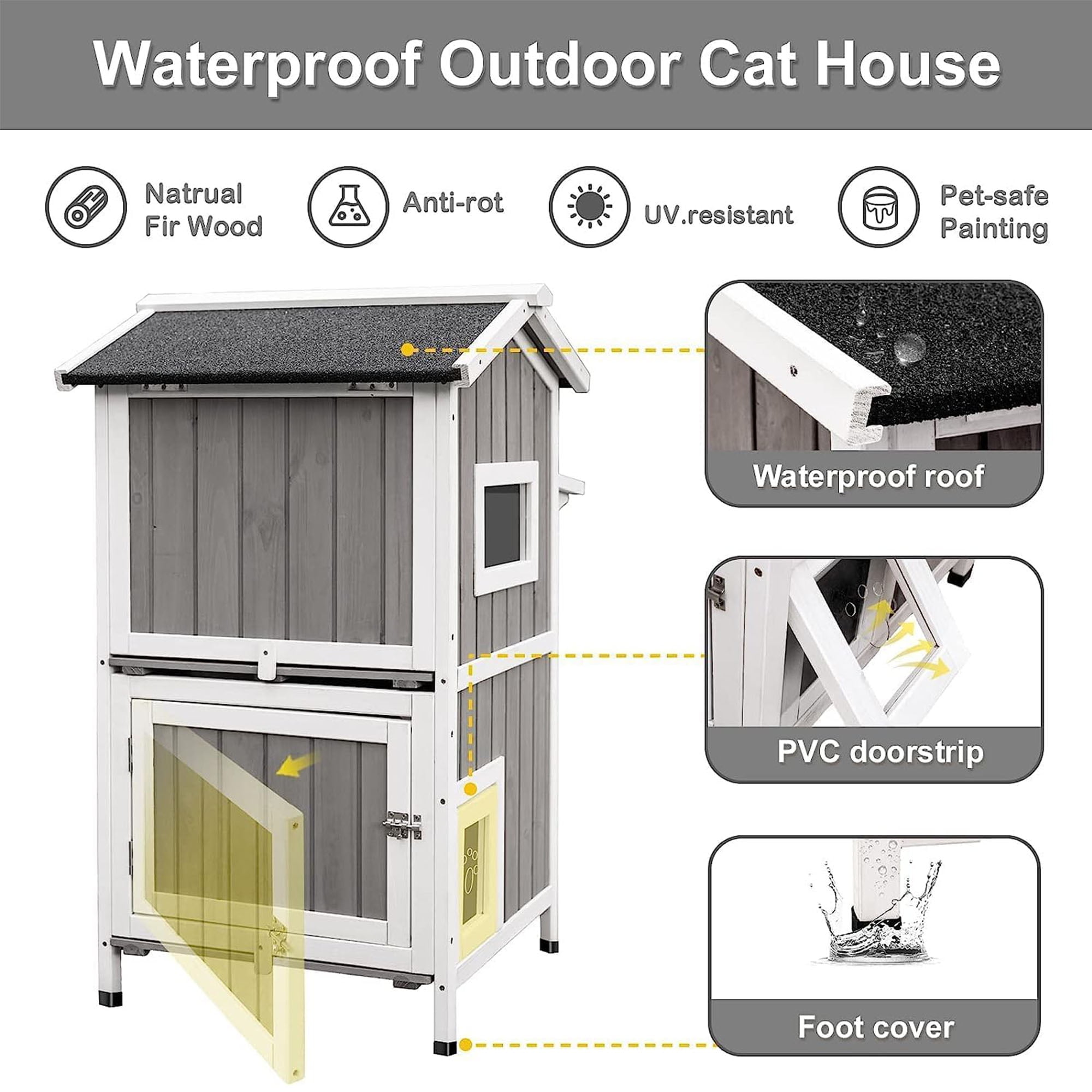 resenkos 37" 2-Story Cat House for Outdoor Cats, Weatherproof Cat Shelter with Escape Door, Wood Cat Condo for 3 Adult Cats, Gray