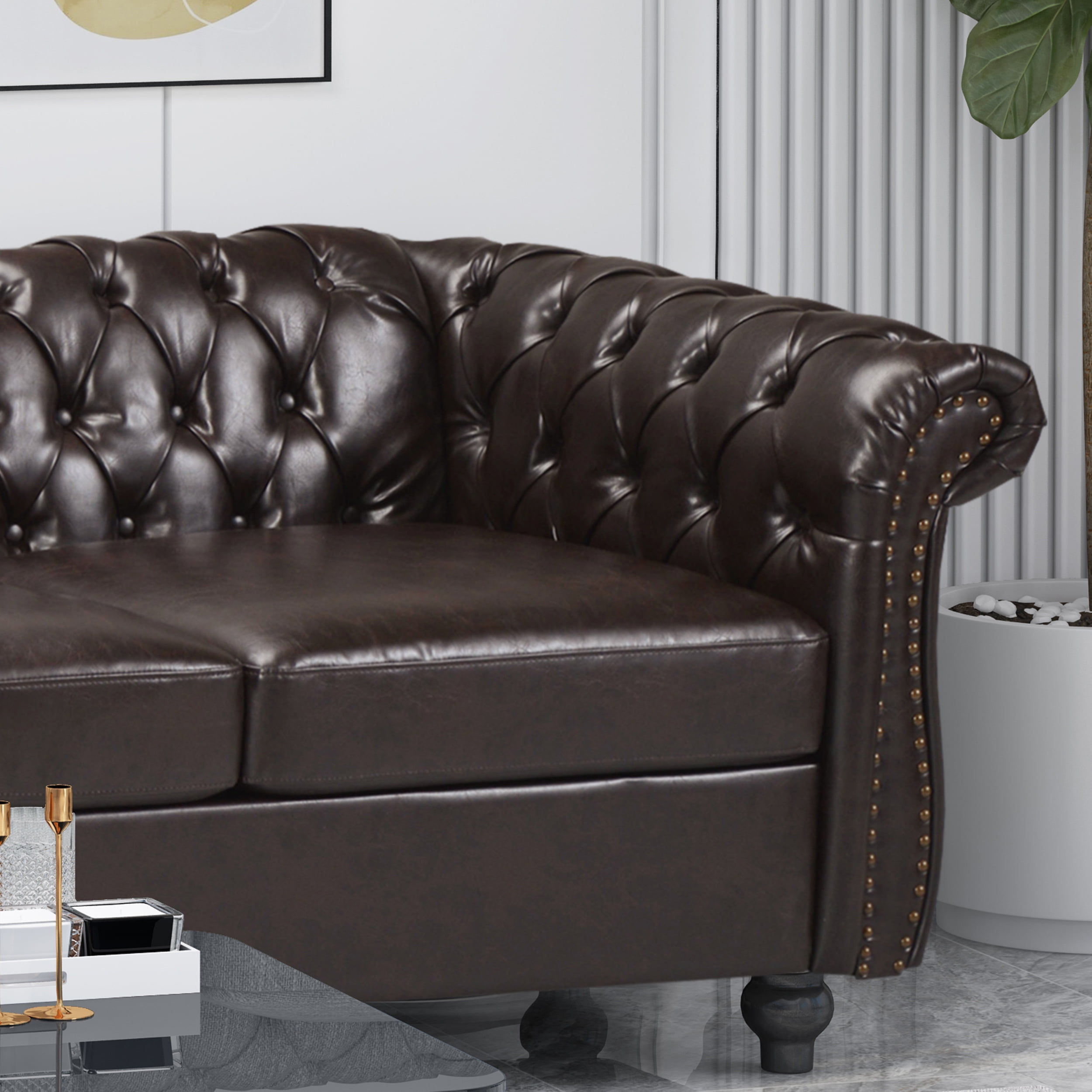Noble House Augus 3 Seater Button Tufted Sofa, Brown, Dark Brown