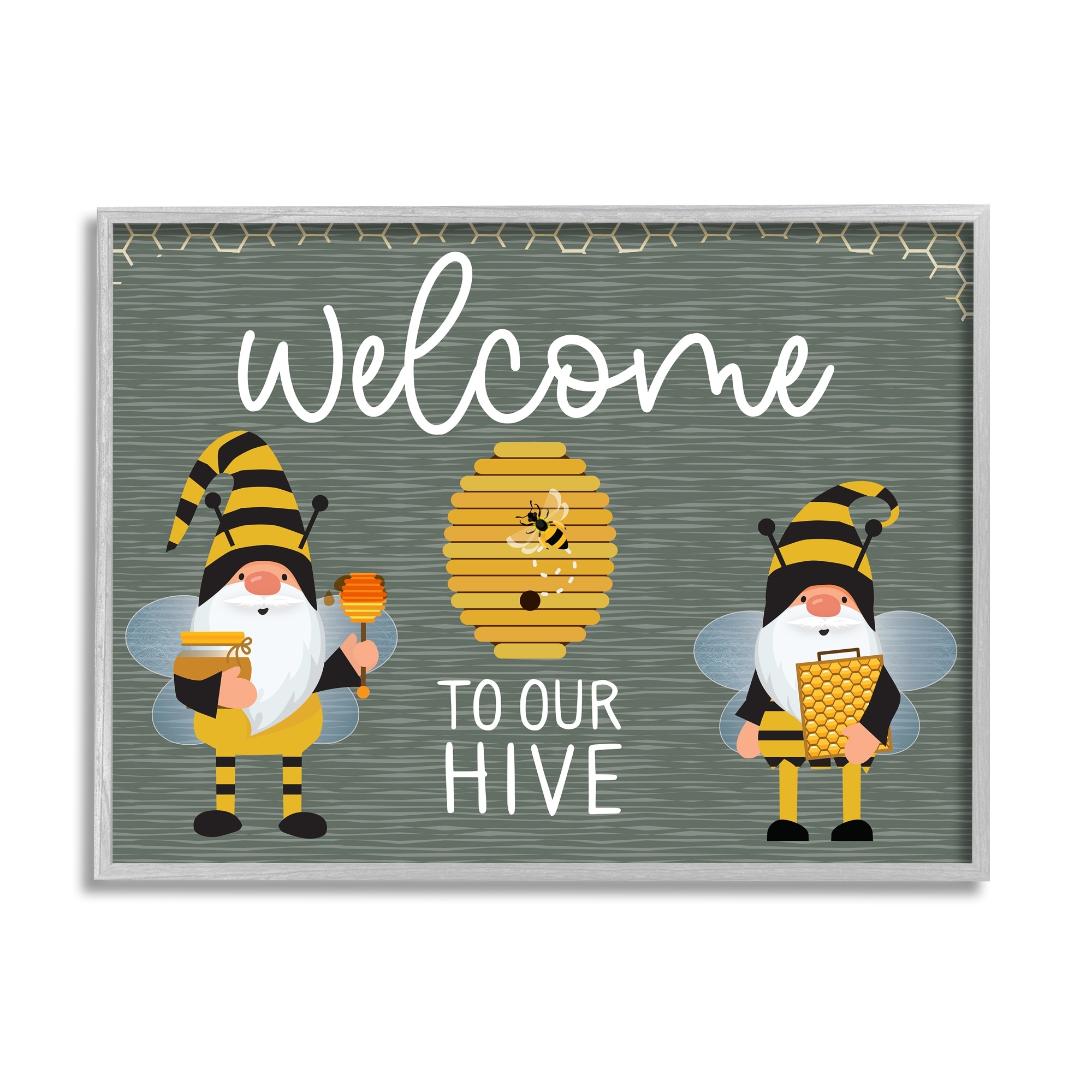 Stupell Industries Welcome To Our Hive Honey Bee Garden Gnomes Typography Framed Wall Art, 20 x 16, Design by Linda Birtel