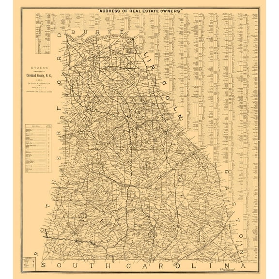 Historic County Map - Cleveland County North Carolina - Kyzer 1886 - 23 x 25.36 - Vintage Wall Art