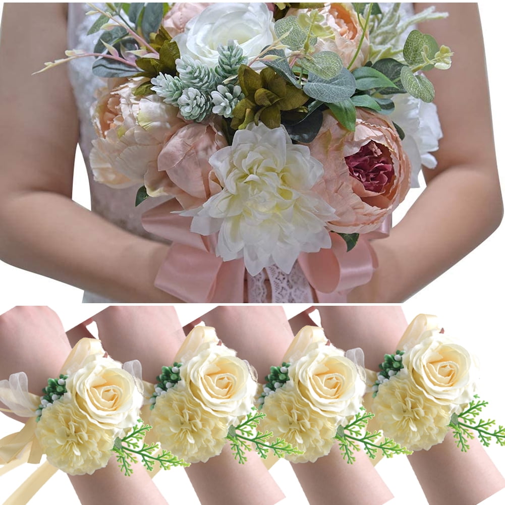 Leaveforme Wrist Corsage for Wedding Set of 4 Prom Flower Wrist