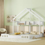 Twin Size House Floor Bed with Roof, Wood Double Twin Beds with Shelves and Guardrail for 2 Kids, Two Shared Beds Montessori Bed Frame, House Platform Bed for Girls Boys, Creamy White