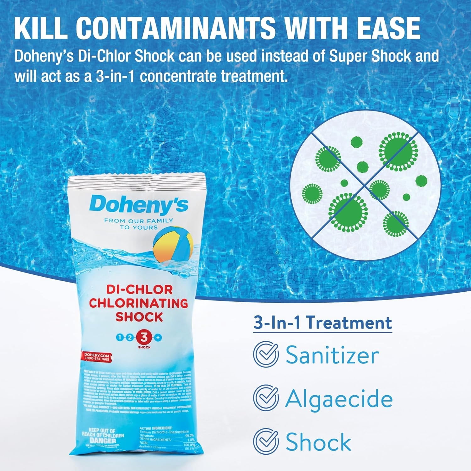 Doheny’s Stabilized Chlorine Pool Shock for Swimming Pools, Fast-Dissolving Di-Chlor Granular Treatment, 56% Available Chlorine, 6 x 1 lb Bags (6 lb Total)