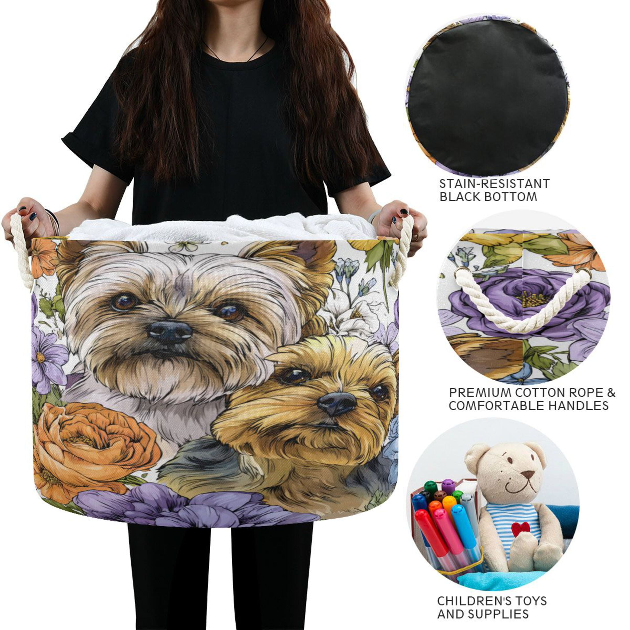 RMDQTR Round Toy Storage Basket Foldable Storage Basket for Home Decor Laundry Basket20" x 14" Lovely Yorkshire Terrier Dogs