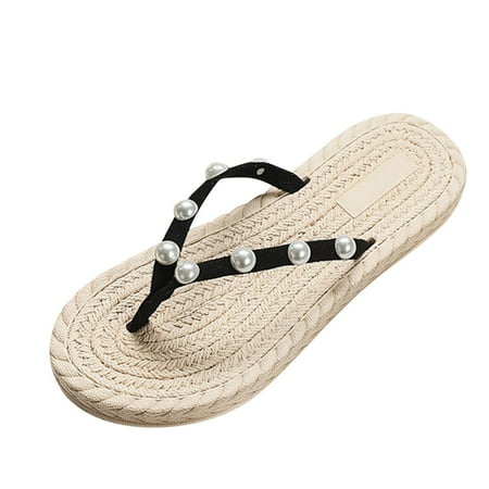 

Fashion Spring And Summer Women Slippers Straw Espadrille Sandals Flip Flops Beach Flat Bottomed Feet Pu slipper for Women Black