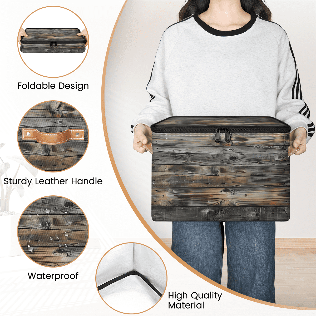 CURLYOOT Vintage Wood Texture Fabric Storage Bins with Lids, Foldable Storage Boxes Washable Storage Cube, Closet Bedroom Home Organizer Containers with PU Leather Handles