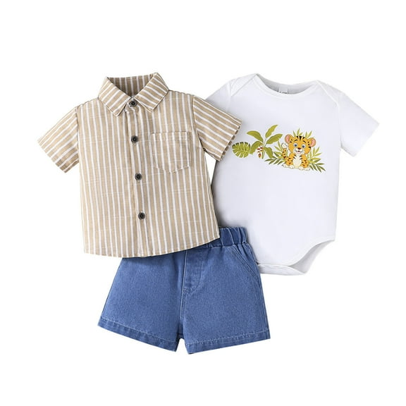 MEZZALL Baby Boys Outfits Casual Summer Striped Short Sleeve Shirt Cartoon Print Romper Denim Shorts 3-Piece Sets For Toddler 2 Dailywear Breathable / 12-18 Months