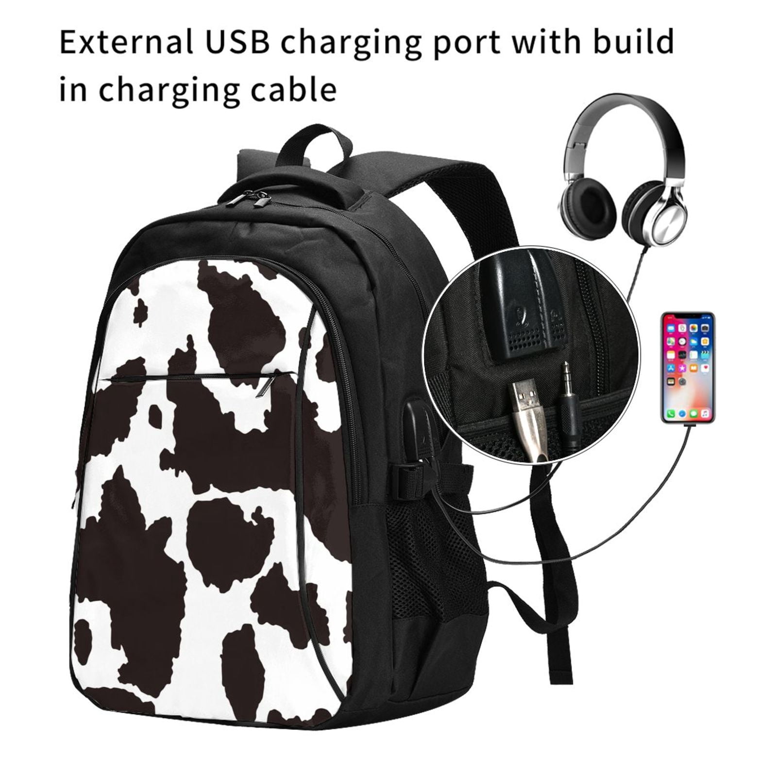 Horeoi Cow Skin 2 Print USB Backpack for Travel School Work with Laptop Compartment Charging Port and Anti-Theft Pocket