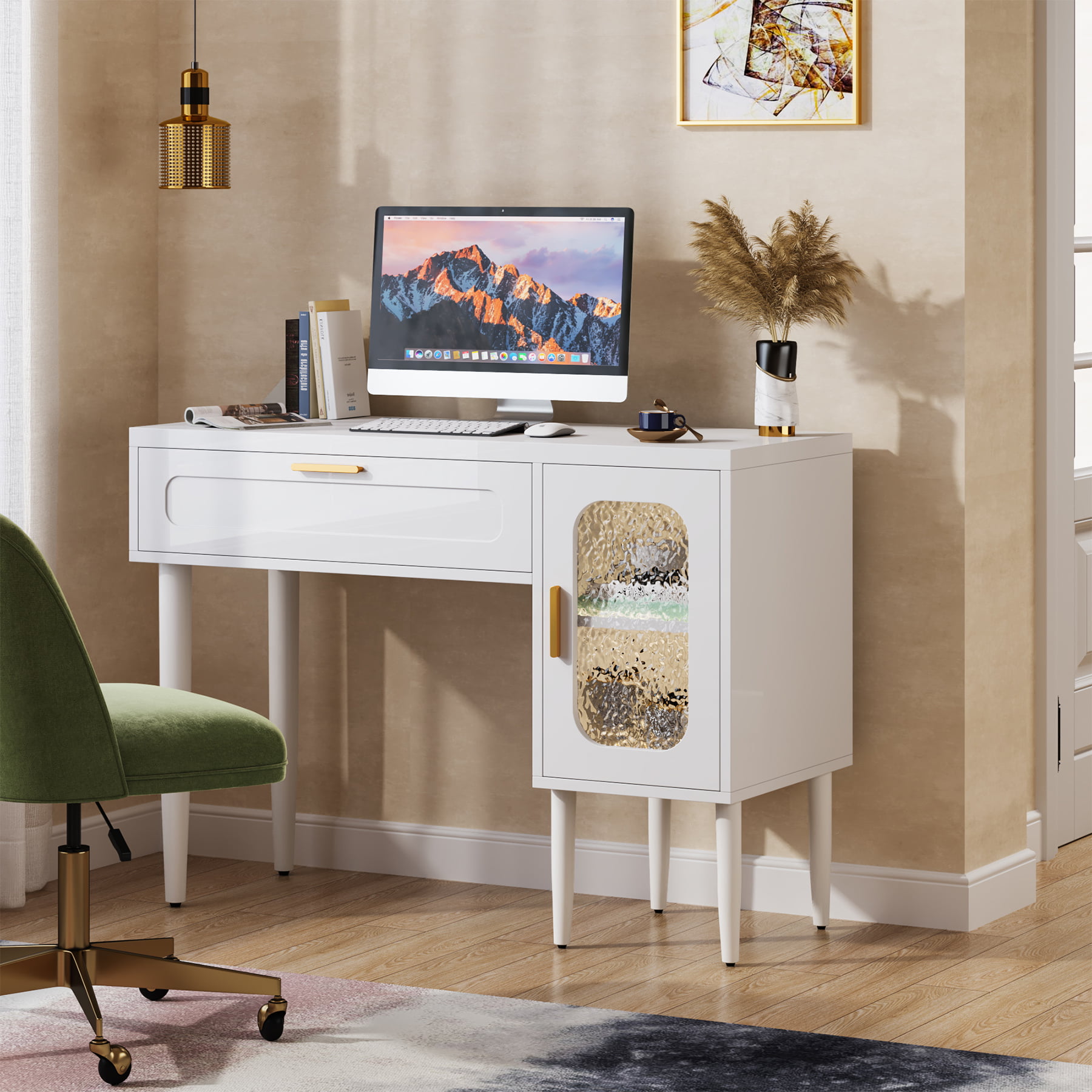 WiberWi Computer Desk with Drawers and Hutch, 43.3 inch White Home Office  Desks Small Makeup Vanity Desk Table with Storage for Small Spaces Bedroom