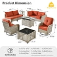 thumbnail image 4 of XIZZI 9 Pieces Wicker Patio Furniture Outdoor Conversation Set with Fire Pit Table and Swivel Rocking Chairs Rattan Patio Sectional Sofa with Cushions for Backyard, Coarse Orange Red, 4 of 12