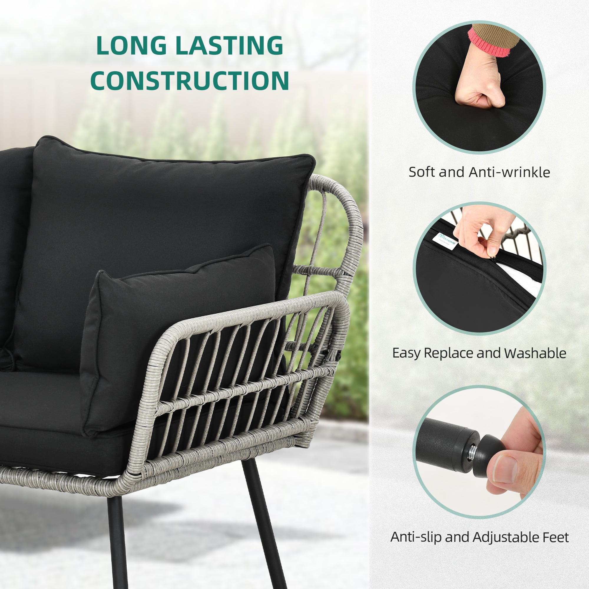 DEXTRUS Patio Loveseat Sofa, All-Weather Wicker Rattan 2 Seater Sofa with Black Cushions & Lumbar Pillows, Outdoor Patio Furniture Set