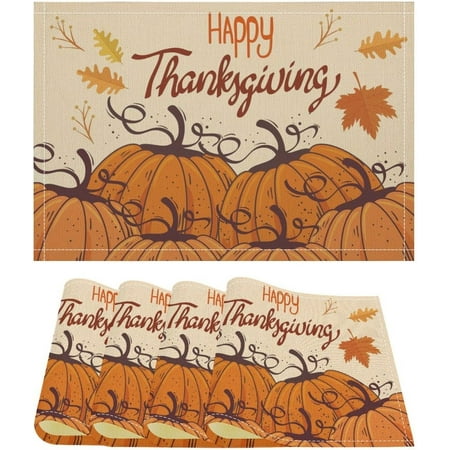 

Thanksgiving Placemat Pumpkin Table Mat Washable Kitchen Heat Resistant Non-Slip Linen Place Mats for Dining Table Party Decoration Set of 4 12x18 Inch