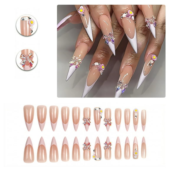 RAGUPEL 24Pcs Glue on Nails for Women,Glossy Design Stiletto Press on Nails,Dimensional Bow Press on Nails Long,Full Cover Nail Tips for Daily Life,Gatherings and Photo Shoots,Style1