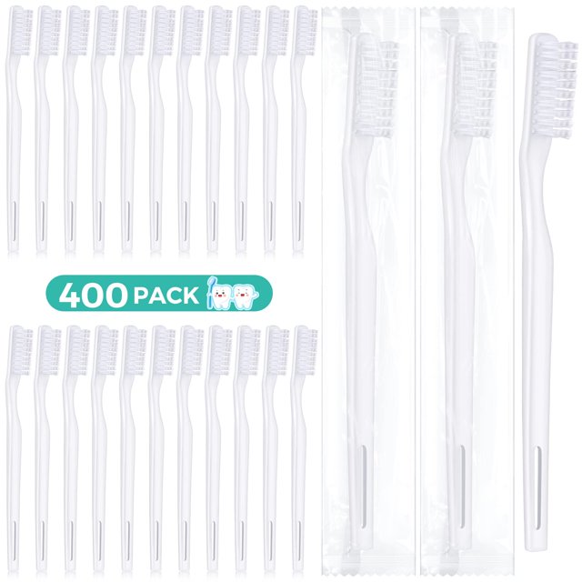 400 Pack Individually Wrapped Disposable Toothbrush Hard Bristle Adult Toothbrush Manual Tooth Brush Travel Toothbrushes Single Use Toothbrush for Ho